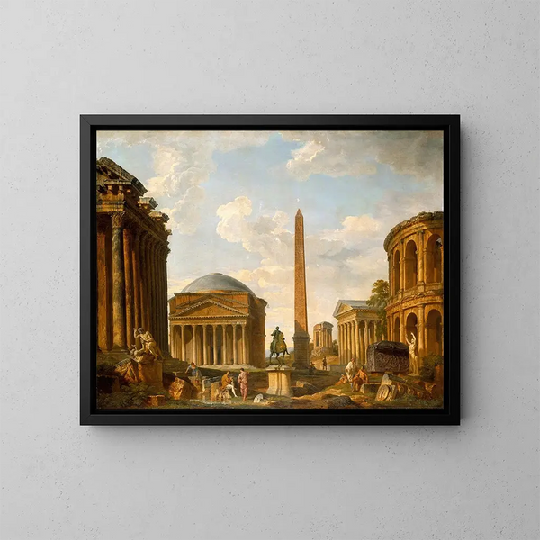 Roman Caprice: Das Pantheon und andere Denkmäler - Giovanni Paolo Panini — gerahmtes Bild an der Wand