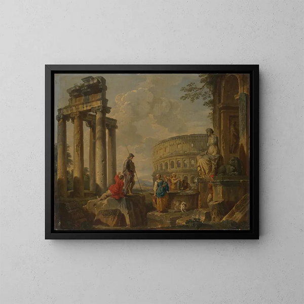 Das Kolosseum unter den römischen Ruinen - Giovanni Paolo Panini — gerahmtes Bild an der Wand