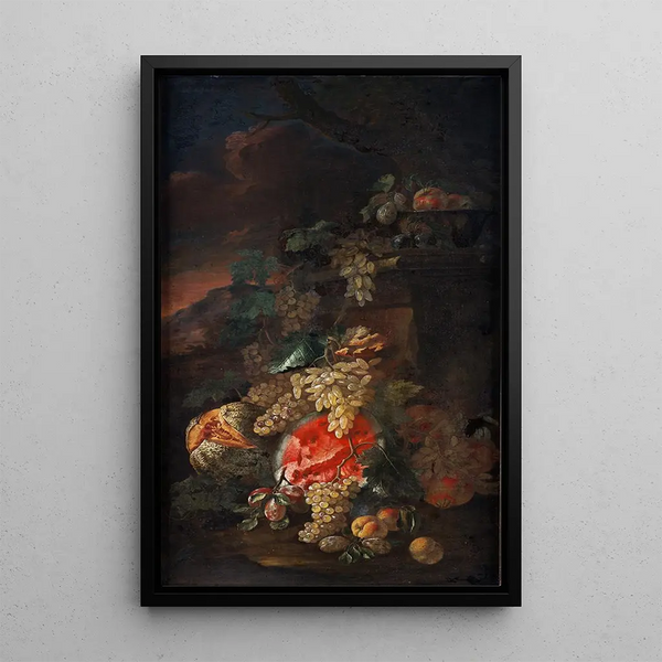 Stillleben mit Früchten und einer Landschaft im Hintergrund - Giovanni Paolo Spadino — gerahmtes Bild an der Wand