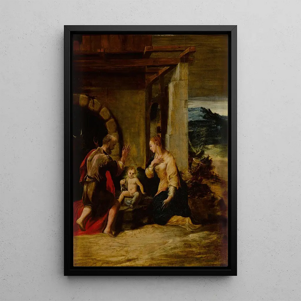 Die Heilige Familie in einer Landschaft - Girolamo Mazzola Bedoli — gerahmtes Bild an der Wand