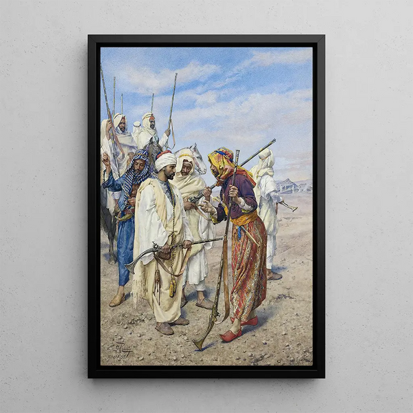 Bédouins bei der Vorbereitung einer Raids-Expedition - Giulio Rosati — gerahmtes Bild an der Wand