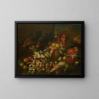 Natur stillleben mit Obstkorb vor einer Wand - Giuseppe Ruoppolo — gerahmtes Bild an der Wand