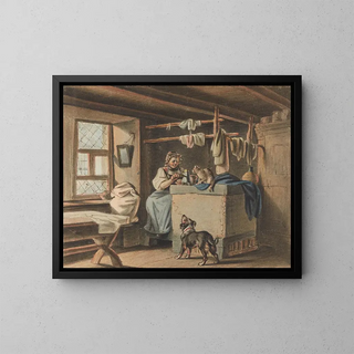 Frau beim Kaffeezubereiten - Gottfried Mind — gerahmtes Bild an der Wand