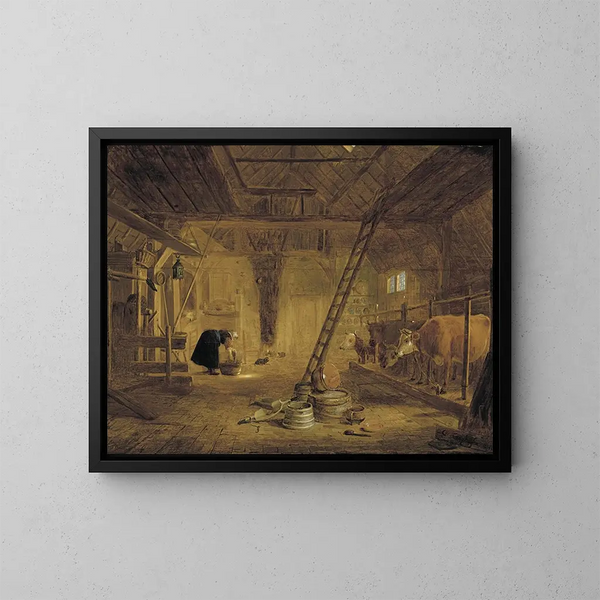 Innenansicht einer Scheune mit vier Kühen, eine Melkerin, die einen Eimer reinigt, und Tontöpfe im Vordergrund - Govert Dircksz Camphuysen — gerahmtes Bild an der Wand