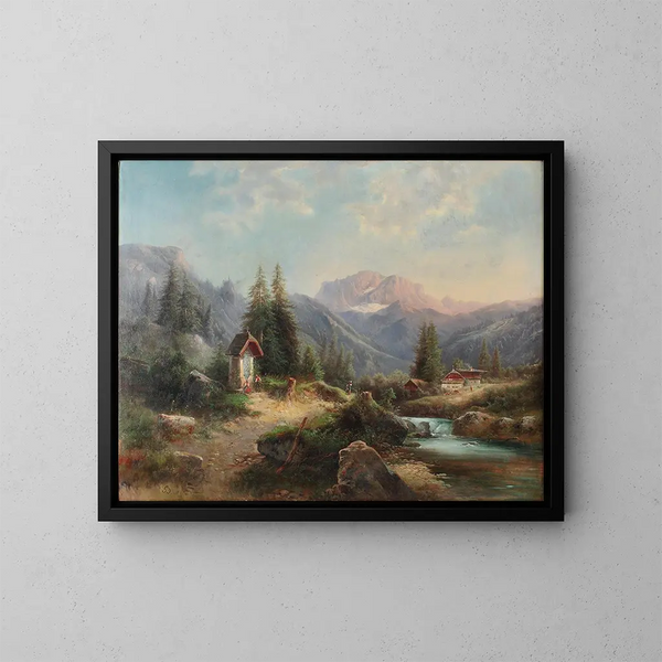 Landschaft von Bach mit Figuren - Gustav Barbarini — gerahmtes Bild an der Wand