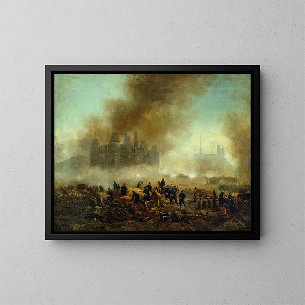 L'Hôtel de Ville brennend von den Truppen von Versailles belagert - Gustave Boulanger — gerahmtes Bild an der Wand