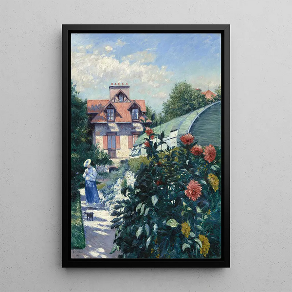 Dahlias im Garten in Petit-Gennevilliers - Gustave Caillebotte — gerahmtes Bild an der Wand