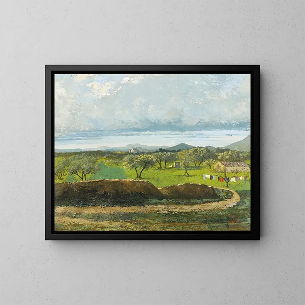 Landschaft mit Mauer und Obstgarten - Gustave Courbet — gerahmtes Bild an der Wand
