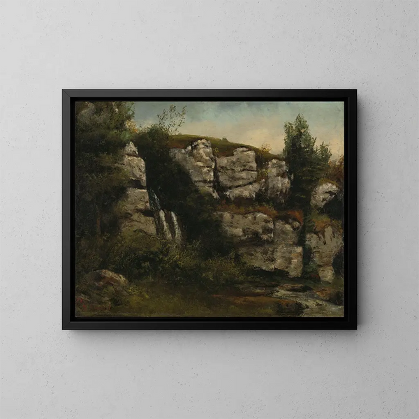 Landschaft mit felsigen Klippen und einem Wasserfall - Gustave Courbet — gerahmtes Bild an der Wand