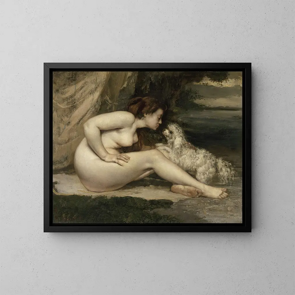 Frau nackt mit einem Hund - Gustave Courbet — gerahmtes Bild an der Wand
