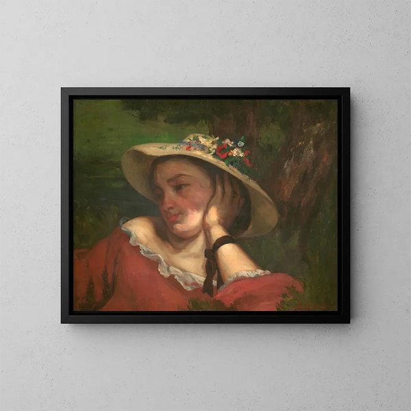 Frau mit Blumen auf ihrem Hut - Gustave Courbet — gerahmtes Bild an der Wand