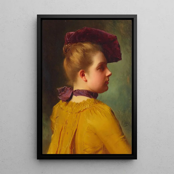 Portrait einer Dame mit Pflaumenhut - Gustave Jean Jacquet — gerahmtes Bild an der Wand