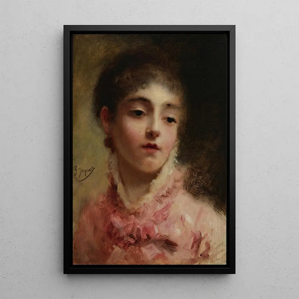 Junge Frau in rosa Kleid - Gustave Jean Jacquet — gerahmtes Bild an der Wand
