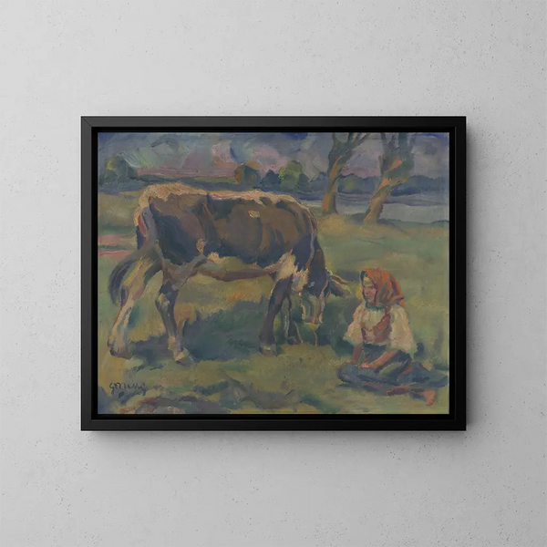 Eine kleine Mädchen mit einer Kuh - Gustav Mahler — gerahmtes Bild an der Wand