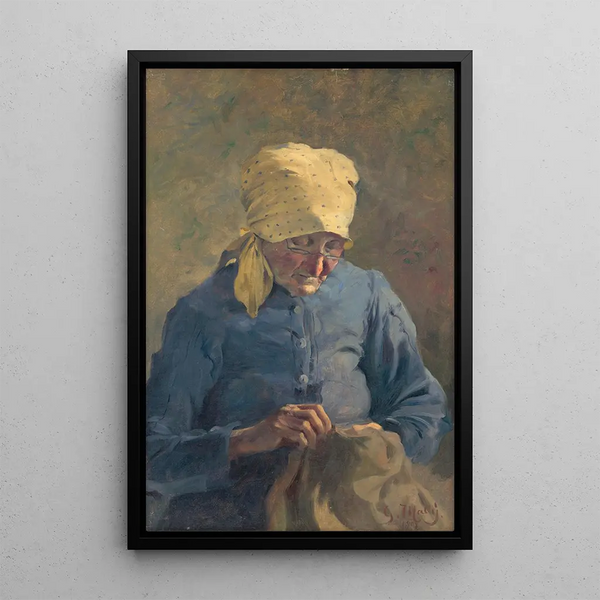 Alte Frau beim Nähen - Gustav Mahler — gerahmtes Bild an der Wand