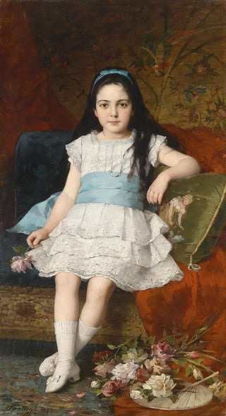Gyrgy Vastagh - Portrait of a girl in a white dress with a blue sash.webp
