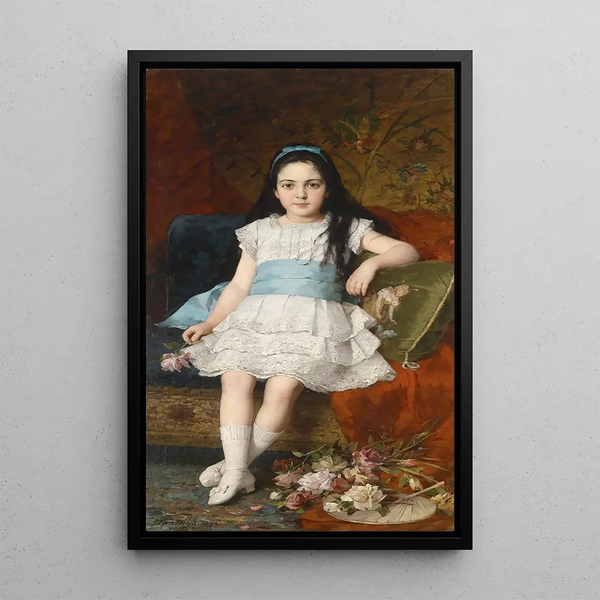 Portrait einer Mädchen in weißem Kleid mit blauer Gürtel - György Vastagh — gerahmtes Bild an der Wand