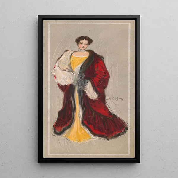 Frau in gelbem Kleid und rotem Mantel - Hamilton King — gerahmtes Bild an der Wand