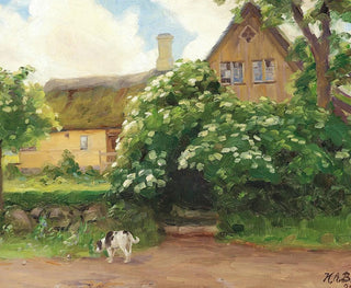 Sureau en fleurs und Hund am Eingang eines Bauernhofs im Dorf - Hans Andersen Brendekilde — Ansicht des Kunstwerks