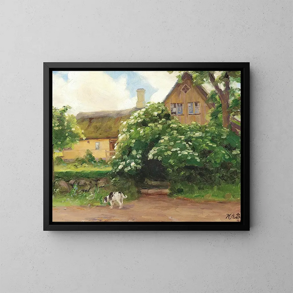 Sureau en fleurs und Hund am Eingang eines Bauernhofs im Dorf - Hans Andersen Brendekilde — gerahmtes Bild an der Wand