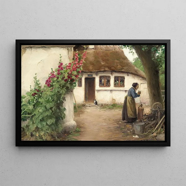 Hans Andersen Brendekilde - En kone ved et bondehus med rde stokroser.webp