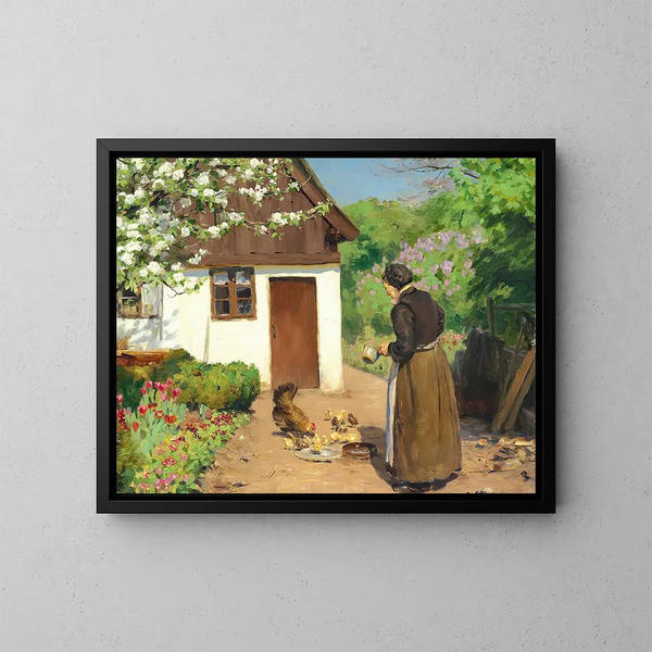 Das Gänse werden vor dem strohgedeckten Bauernhaus an einem Sommertag gefüttert - Hans Andersen Brendekilde — gerahmtes Bild an der Wand