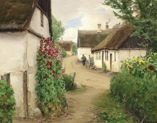 Sommertag in einer Dorfsstraße mit Sonnenblumen und roten Stockrosen - Hans Andersen Brendekilde — Ansicht des Kunstwerks