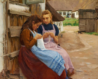 Hans Andersen Brendekilde - To piger med hndarbejde siddende p en grdsplads.webp