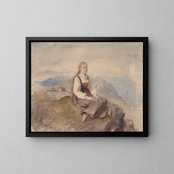 Mädchen in einer Berglandschaft - Hans Gude — gerahmtes Bild an der Wand