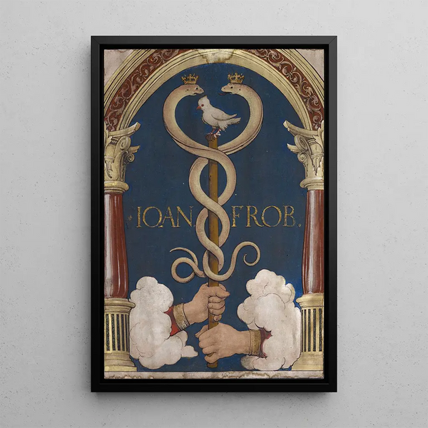 Emblem des Buchdruckers von Basel Johann Froben - Hans Holbein der Jüngere — gerahmtes Bild an der Wand