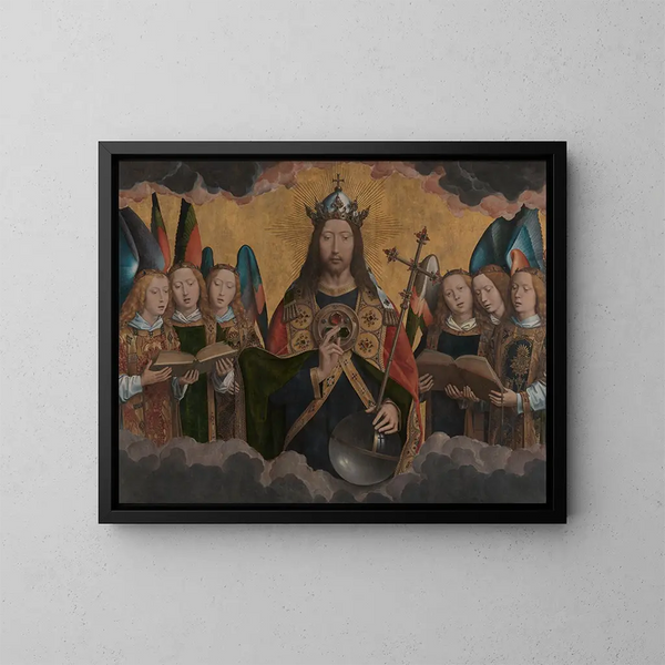 Gott Vater mit singenden Engeln - Hans Memling — gerahmtes Bild an der Wand