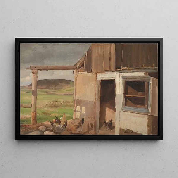 Haus mit Hof voller Hühner - Hans Smidth — gerahmtes Bild an der Wand