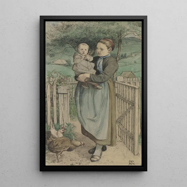 Junge Bäuerin mit einem Kind in den Armen, stehend an einem Holzzaun - Hans Thoma — gerahmtes Bild an der Wand