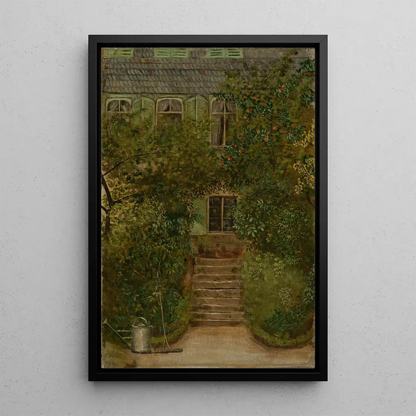 Garten eines Landhauses mit Gießkanne und Rechen - Hans Thoma — gerahmtes Bild an der Wand
