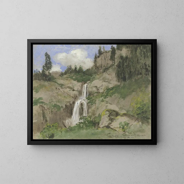 Landschaft mit Wasserfall, Dekoration für ein Marionettentheater - Hans Thoma — gerahmtes Bild an der Wand