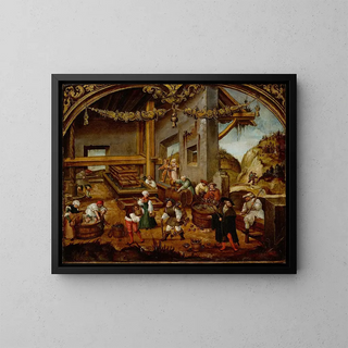 Weinlese und Weinherstellung, September eines Arbeitszyklus der Monate - Hans Wertinger — gerahmtes Bild an der Wand