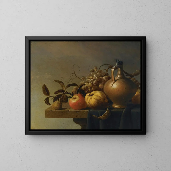 Stillleben mit Krug und Früchten auf einer teilweise drapierten Steinenkante - Harmen Steenwijck — gerahmtes Bild an der Wand