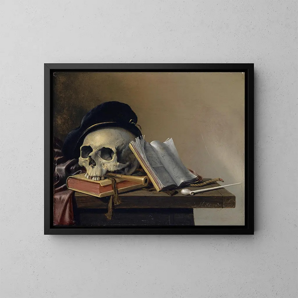 Stillleben mit Schädel, Büchern, Flöte und Pfeife - Harmen Steenwijck — gerahmtes Bild an der Wand