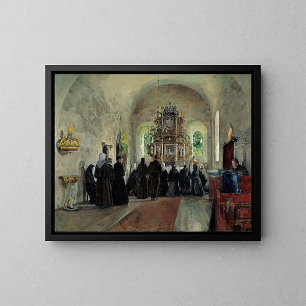 Die Heilige Kommunion gefeiert in der Kirche von Stange - Harriet Backer — gerahmtes Bild an der Wand