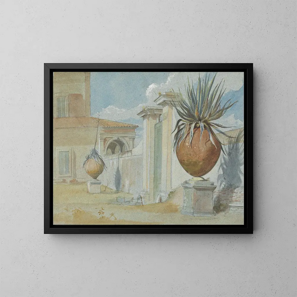 Villa Massimi, Porte de Rome flankiert von Palmen in großen Terrakottatöpfen - Harry John Johnson — gerahmtes Bild an der Wand