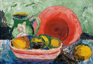 Hedwig Wagner - Stillleben mit rotem Teller Krug und Zitrone.webp