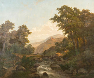 Heinrich Eduard Heyn - Romantic landscape with castle and wild stream.webp