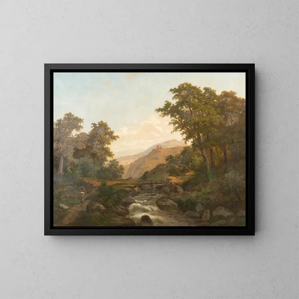 Romantisches Landschaftsgemälde mit Schloss und wildem Bach - Heinrich Eduard Heyn — gerahmtes Bild an der Wand