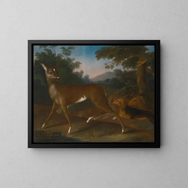 Ein Landschaft mit Hunden, die einen Rehbock jagen - Heinrich Lihl — gerahmtes Bild an der Wand