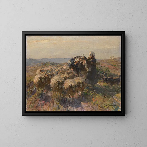 Hirtentruppe mit Schafen, Schäferin und Esel auf dem Feld - Heinrich von Zügel — gerahmtes Bild an der Wand