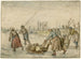 Winterlandschaft mit zwei Frauen, einem Schlitten und weiteren Figuren auf dem Eis, im Hintergrund ein Galgen - Hendrick Avercamp — Ansicht des Kunstwerks