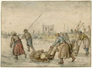 Winterlandschaft mit zwei Frauen, einem Schlitten und weiteren Figuren auf dem Eis, im Hintergrund ein Galgen - Hendrick Avercamp — Ansicht des Kunstwerks