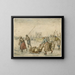 Winterlandschaft mit zwei Frauen, einem Schlitten und weiteren Figuren auf dem Eis, im Hintergrund ein Galgen - Hendrick Avercamp — gerahmtes Bild an der Wand