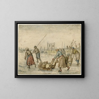 Winterlandschaft mit zwei Frauen, einem Schlitten und weiteren Figuren auf dem Eis, im Hintergrund ein Galgen - Hendrick Avercamp — gerahmtes Bild an der Wand