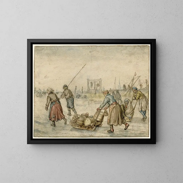 Winterlandschaft mit zwei Frauen, einem Schlitten und weiteren Figuren auf dem Eis, im Hintergrund ein Galgen - Hendrick Avercamp — gerahmtes Bild an der Wand